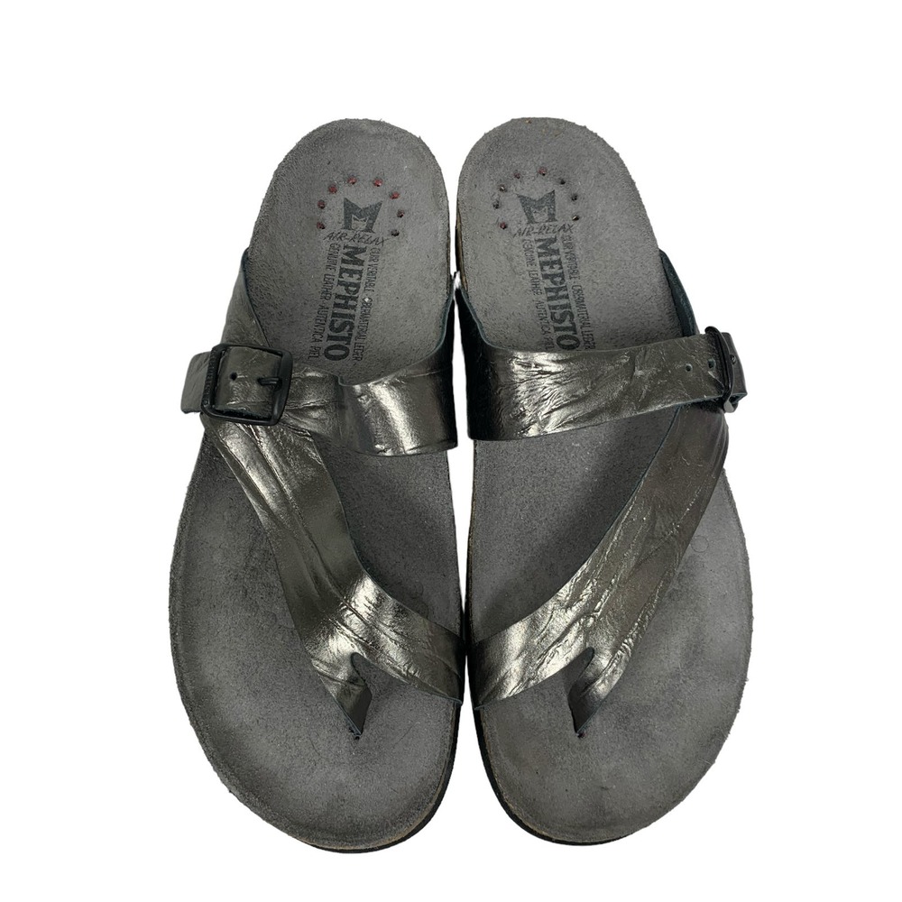 Mephisto Metallic Pewter Thong Sandals with Adjustable Strap - Picture 2 of 8